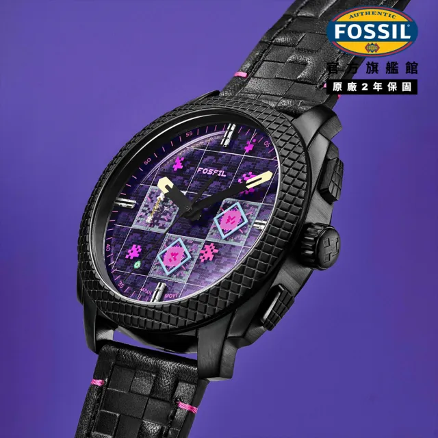 【FOSSIL】Minecraft 麥塊聯名 終界龍限量計時手錶 黑色真皮錶帶 44mm LE1252