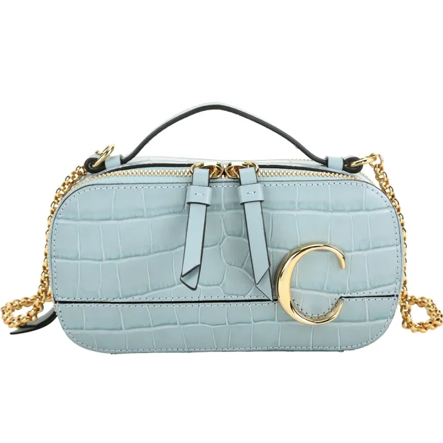 【Chloe’ 蔻依】展示品 C Vanity 水藍色迷你款鱷魚紋壓花小牛皮鍊帶手提/斜背包(背面+底部黃汙)