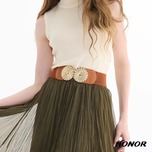 【HONOR 山形屋】金屬波浪雙圓造型釦腰封-黑/棕