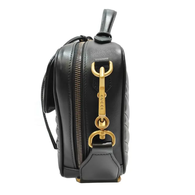 【GUCCI 古馳】498100 經典GG Marmont 仿舊金色 LOGO牛皮暗釦手提/斜背/化妝兩用包(全新展示品－黑色)