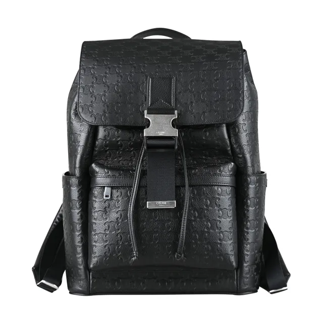 【CELINE】CELINE精品小牛皮凱旋門壓花壓釦雙肩後背包(黑)