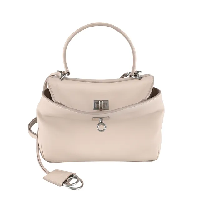 【Balenciaga 巴黎世家】BALENCIAGA精品滑面小牛皮旋扣手提斜背兩用包(迷你/粉膚)