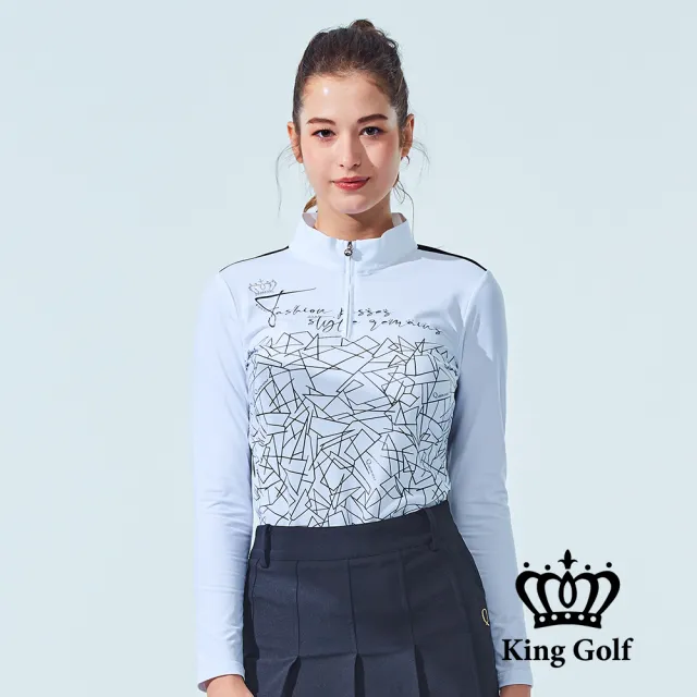 【KING GOLF】速達-網路獨家單特-女款幾何線條草寫印花立領長袖上衣-灰色
