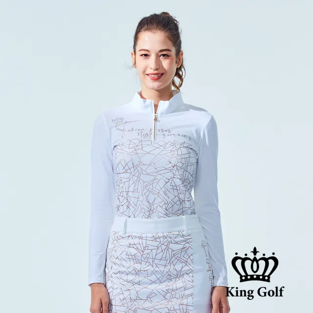 【KING GOLF】速達-網路獨家單特-女款幾何線條草寫印花立領長袖上衣-白色