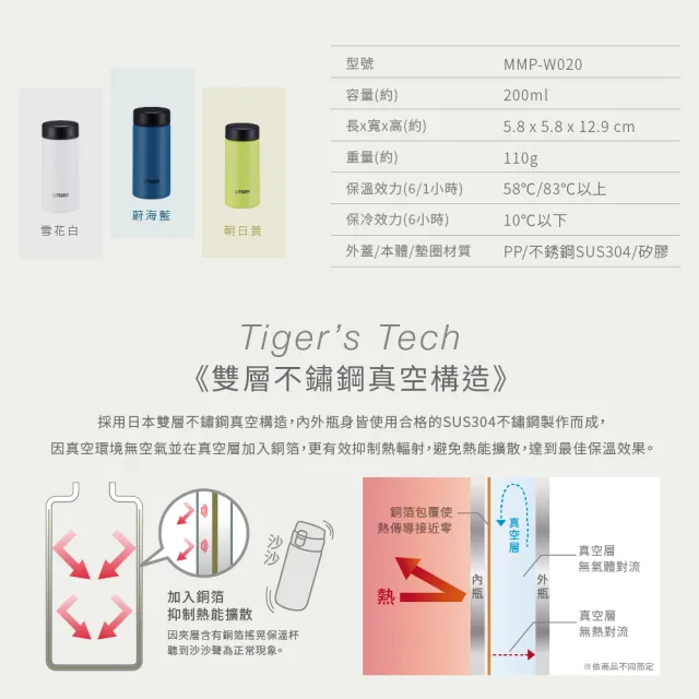 【TIGER 虎牌】買1送1雙層不鏽鋼保溫瓶(MMP-W020輕量隨行杯/保溫保冰MMP-W030)
