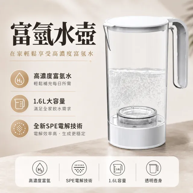 【Felsted 菲仕德】富氫水壺 水素水杯 富氫水素機 富氫水機養生壺 全新SPE電解技術 1.6L大容量 透明壺身