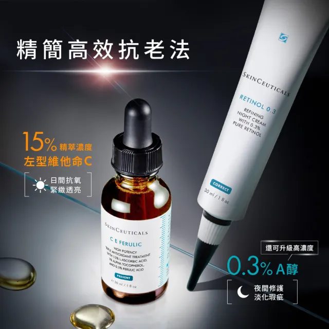 【Skin Ceuticals 修麗可】早C晚A+小銀傘防曬組★CE抗氧化精華+0.3 A醇抗痕新生精華乳+極致保濕防曬隔離乳