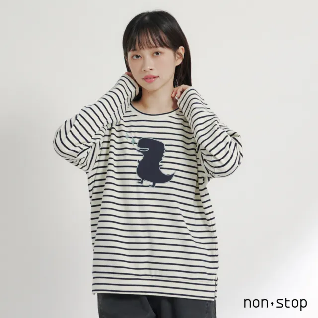 【non-stop】恐龍貼布條紋長袖T恤-2色