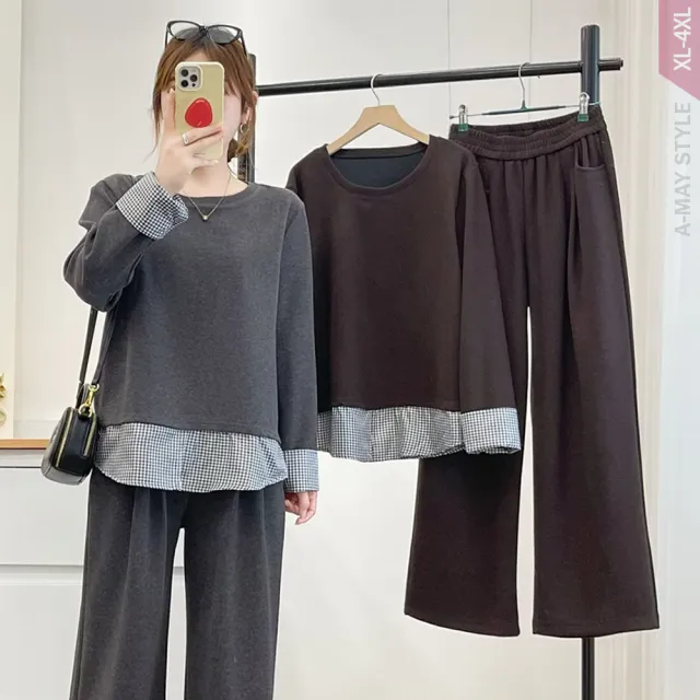 【Amay Style 艾美時尚】中大尺碼女裝 兩件式 時髦休閒假兩件拼接格紋上衣長褲套裝。XL-4XL(2色.預購)