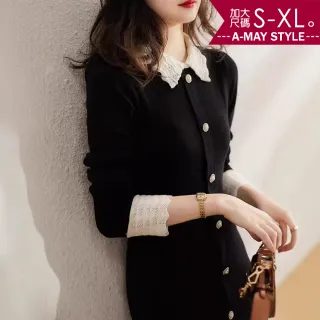 【Amay Style 艾美時尚】秋新品 中大尺碼女裝 連身裙 小香風優雅花邊領撞色拼接針織洋裝。S-XL(黑.預購)