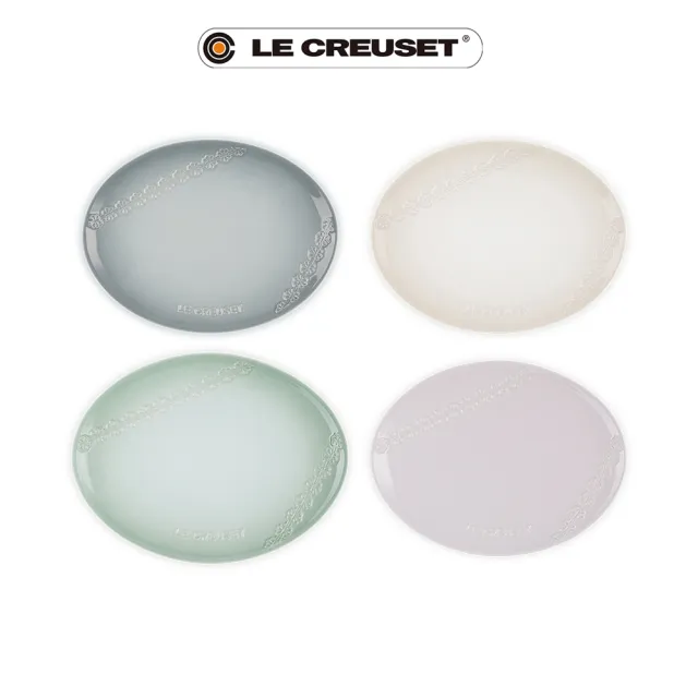 【Le Creuset】蕾絲花恬系列瓷器橢圓盤 27cm(湖水綠/柔粉紫/蛋白霜/海洋之花 4色選1)