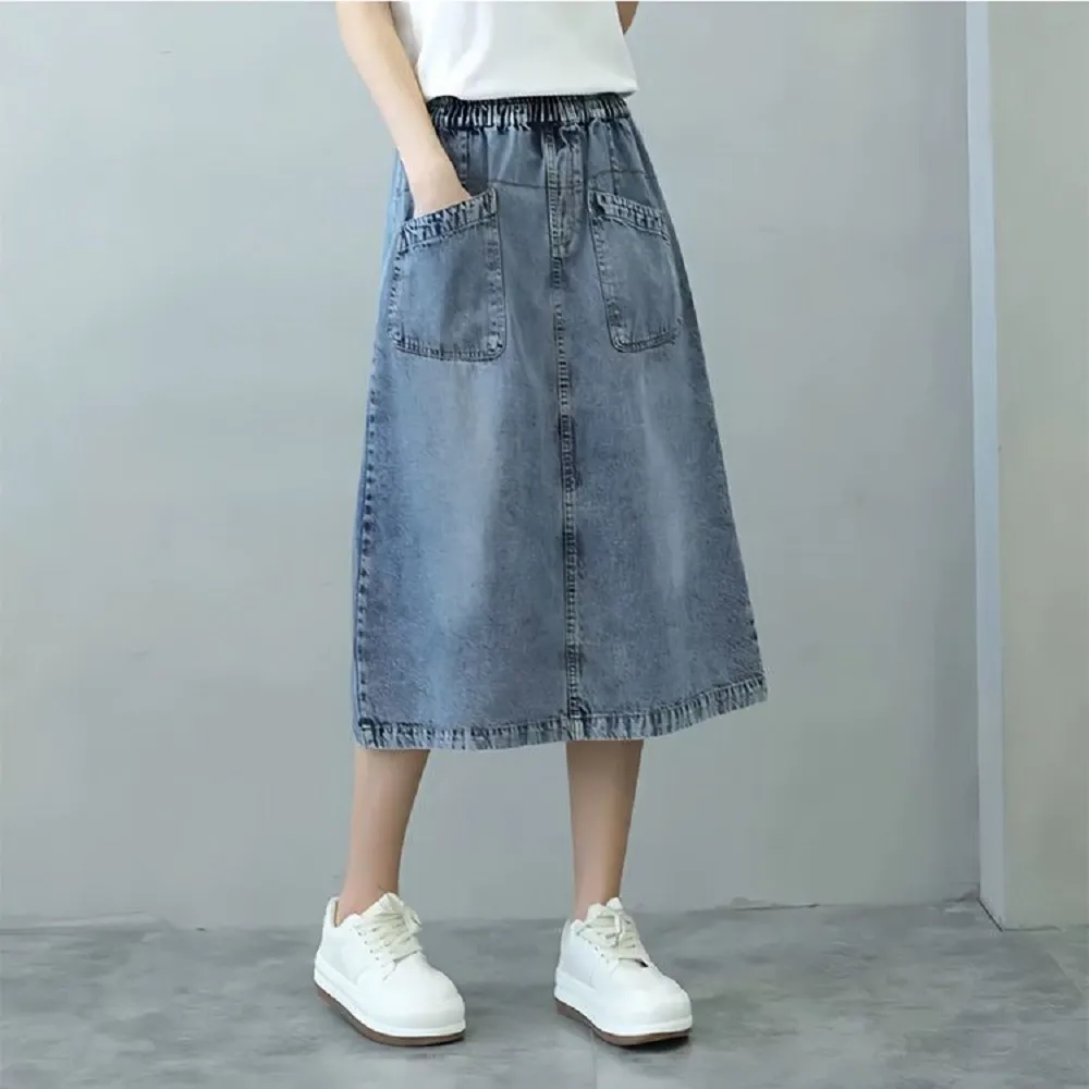 【ASister 小姊姊】AS2588#女裝｜裙子☆鬆緊帶大口袋A字半身牛仔裙(淺藍色 S-3XL)