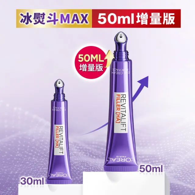 【L’OREAL Paris 巴黎萊雅】玻尿酸眼霜級撫紋精華霜3.0 按摩頭版 50ml_2入組(冰熨斗/加大版)