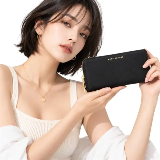 【MARC JACOBS】簡約黑MJ logo魚子醬皮革拉鍊長夾｜多卡層收納｜拉鍊零錢袋