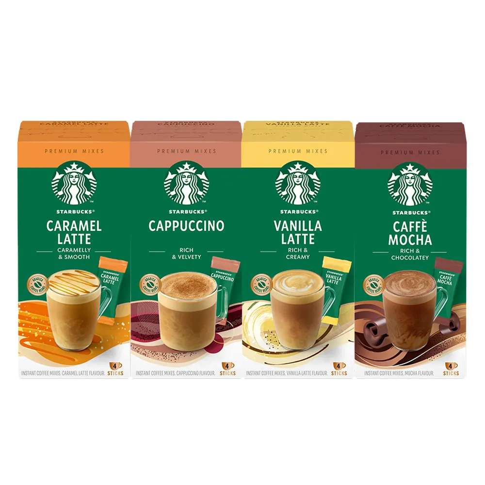 【STARBUCKS 星巴克】--VIP限定--特選系列-即溶焦糖瑪奇朵/摩卡咖啡/拿鐵4入x4盒(共16入；口味任選)