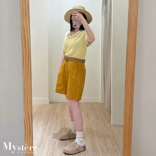 【my stere 我的時尚秘境】雙11 復古棉麻五分短褲 附腰帶 薑黃色 亞麻短褲 腰帶短褲 A字短褲 遮跨短褲