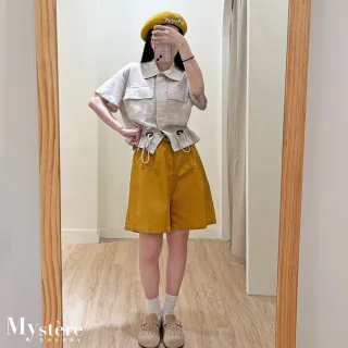 【my stere 我的時尚秘境】雙11 復古棉麻五分短褲 附腰帶 薑黃色 亞麻短褲 腰帶短褲 A字短褲 遮跨短褲