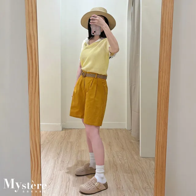 【my stere 我的時尚秘境】雙11 復古棉麻五分短褲 附腰帶 薑黃色 亞麻短褲 腰帶短褲 A字短褲 遮跨短褲