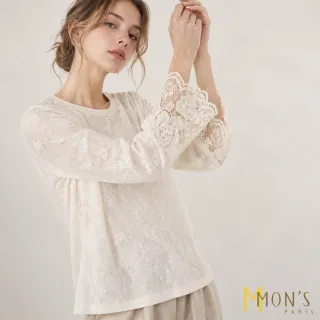 【MON’S】法式訂製蕾絲緹花喇叭袖上衣(直)