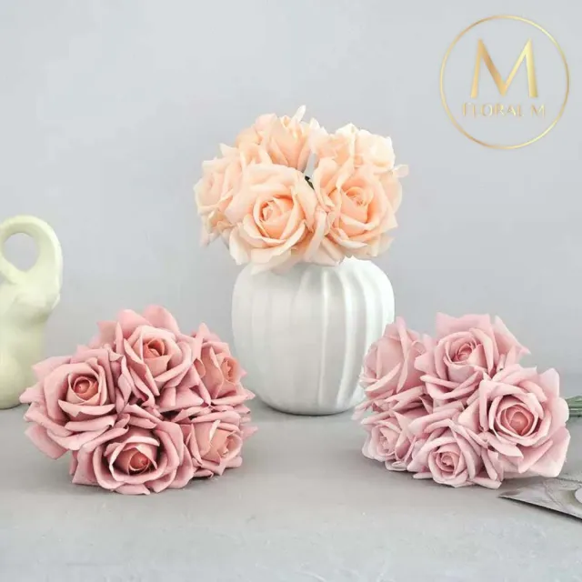 【Floral M】手感保濕安娜玫瑰藕粉色仿真花材（5入組）(人造花/仿真花/假花/花藝DIY/裝飾花材)