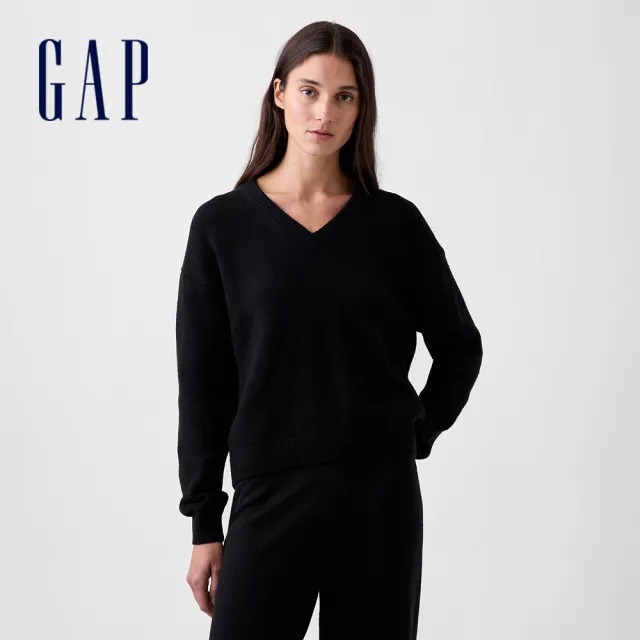 【GAP】CashSoft寬鬆V領毛衣-經典黑(912518)