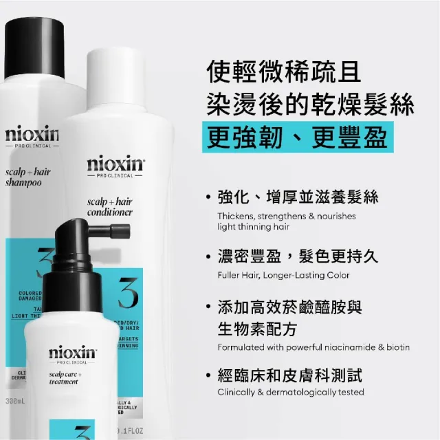 【NIOXIN 耐奧森】官方直營 染燙適用/頭皮清潔3號三件組(300ml潔髮露+300ml甦活乳+潔髮露1000ml)