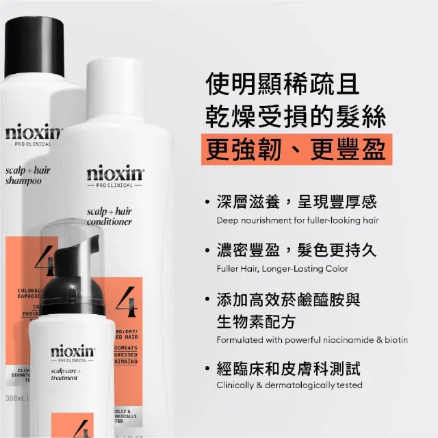 【NIOXIN 耐奧森】官方直營 染燙適用/頭皮清潔4號三件組(300ml潔髮露+300ml甦活乳+潔髮露1000ml)