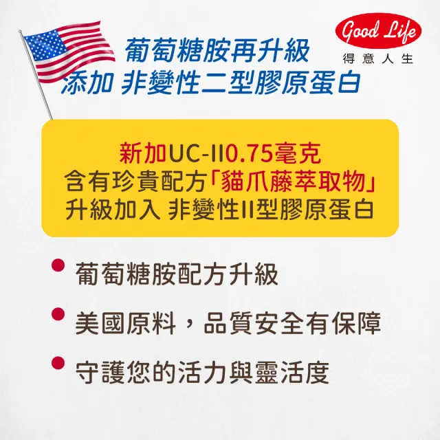【得意人生】UC2非變性二型膠原蛋白+新葡萄糖胺 四入組(共240錠 MSM 玻尿酸 D3)