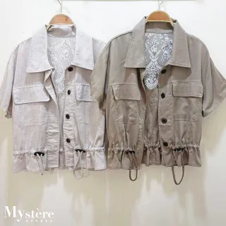 【my stere 我的時尚秘境】雙11 蕾絲內襯縮腰亞麻襯衫 兩色 短袖襯衫 亞麻襯衫 亞麻上衣 縮腰上衣 天絲上衣