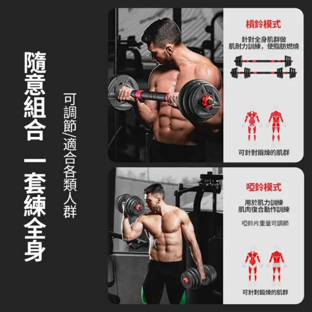 【happiness 幸福來】40kg可調式啞鈴+可變槓鈴套裝 重量訓練 啞鈴 槓鈴 重量訓練 肌肉鍛鍊 防滑啞鈴