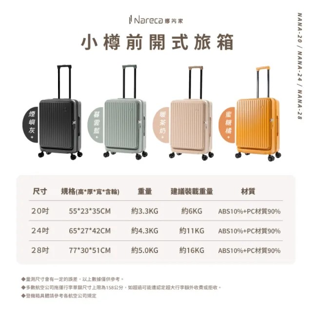 【NARECA】小樽前開式旅箱 20吋+28吋 煞車輪 掀旅箱 前開式 大容量 可擴充 行李箱 登機箱 NANA-20+28