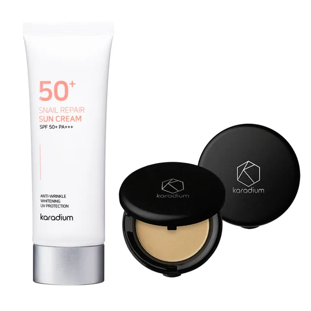 【Karadium】韓國原裝SPF50+PA+++蝸牛修護防曬霜 +膠原蛋白smart防曬粉餅 防曬隔離必Buy組