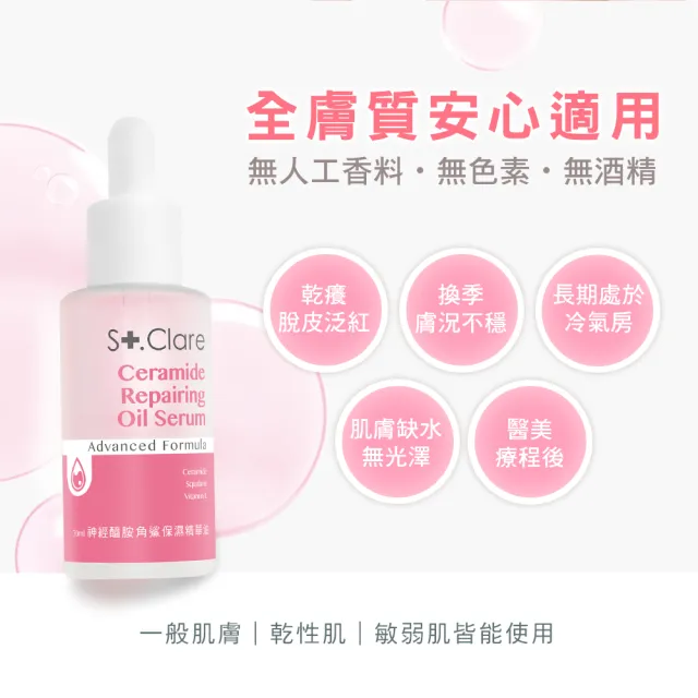 【St.Clare 聖克萊爾】神經醯胺角鯊保濕精華油30mlx2入組(輕盈版/修護/醫美療程後適用)