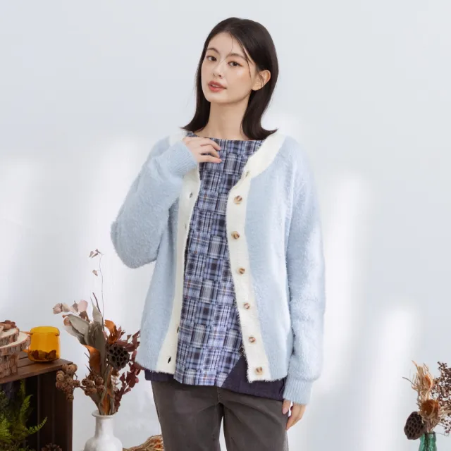 【MOSS CLUB】2WAY撞色領邊絨毛針織外套 藍 駝 黃(魅力商品)