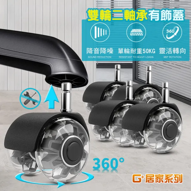 【G+ 居家】辦公椅2吋萬向PU輪5入組-炫風水晶灰有飾蓋(活動腳輪/電腦椅輪子/靜音輪/萬向輪/溜溜輪)