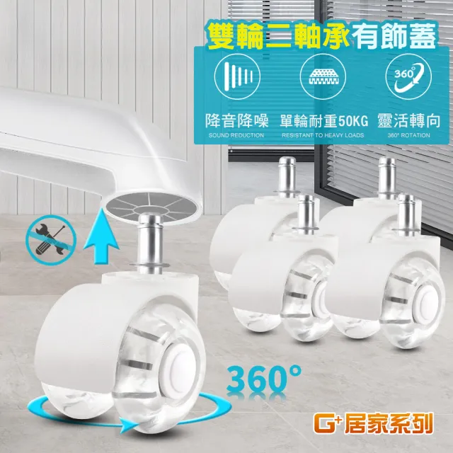 【G+ 居家】辦公椅2吋萬向PU輪5入組-晶透水晶白有飾蓋(活動腳輪/電腦椅輪子/靜音輪/萬向輪/溜溜輪)