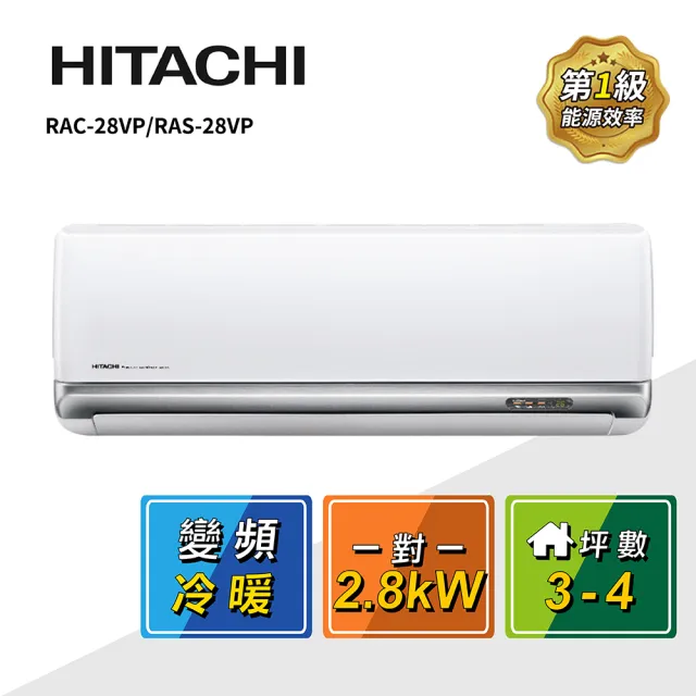 【HITACHI 日立】3-4坪R32豪華一級變頻冷暖2.8kW分離式空調(RAC-28VP/RAS-28VP)