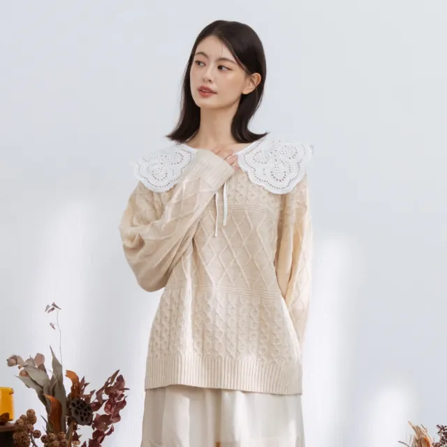 【MOSS CLUB】立體麻花編織菱格紋圓領針織上衣 藍 杏 黃(魅力商品)