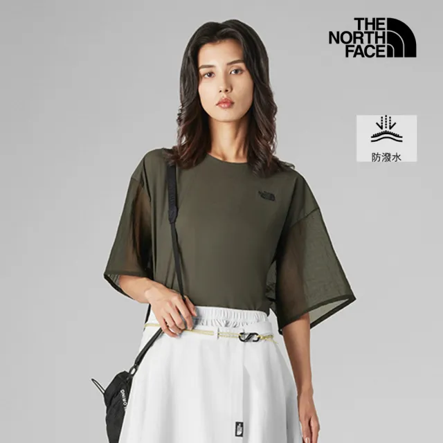 【The North Face】北面UE女款灰褐色DWR防潑水背部拉鍊短袖T恤|8FD021L