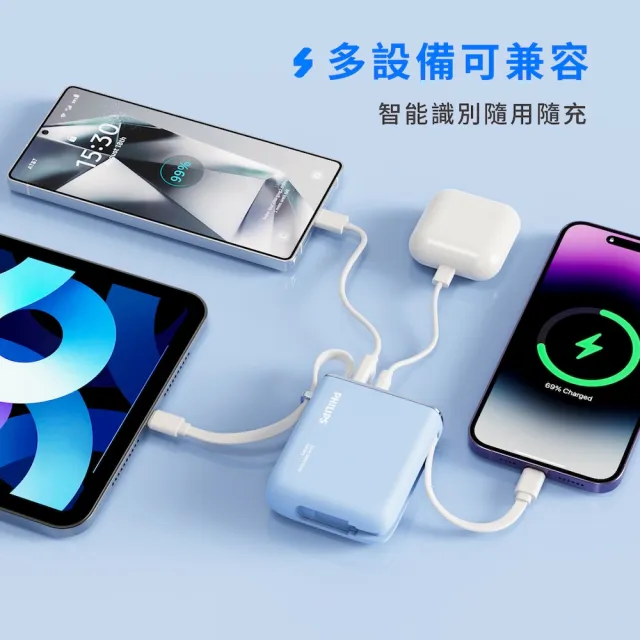【Philips 飛利浦】DLP5718C 10000mAh GoodCube 22.5W自帶線半固態行動電源(38.5Wh_具Wh標示)