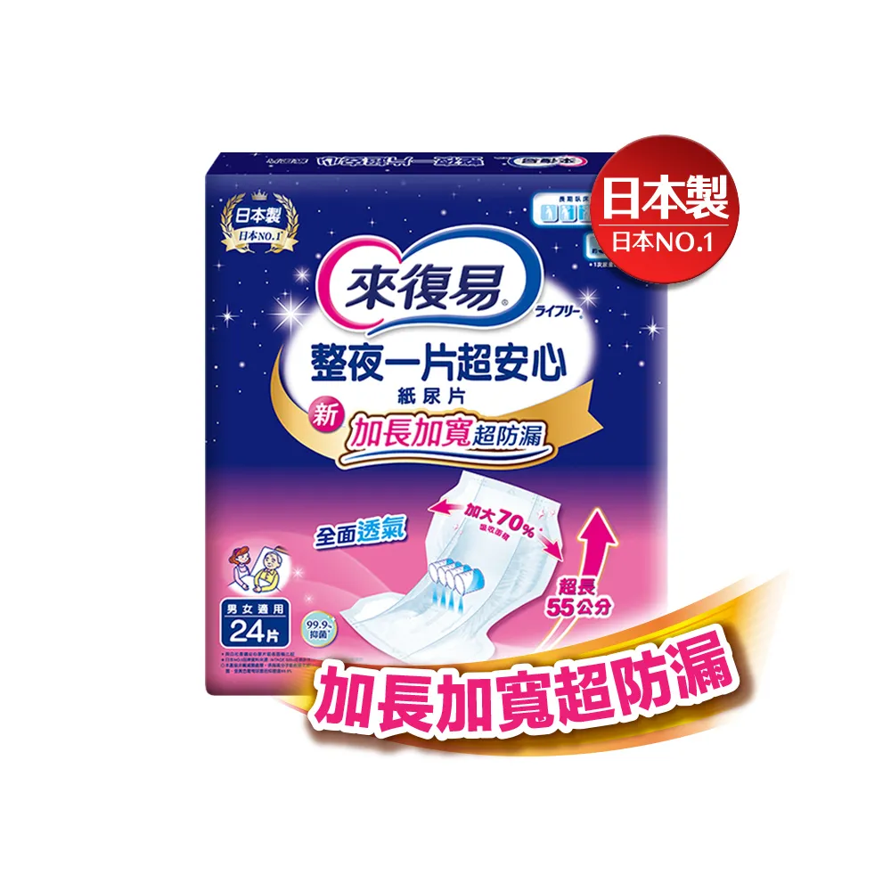 【來復易】整夜一片超安心紙尿片120片/箱(加長加寬超防漏)