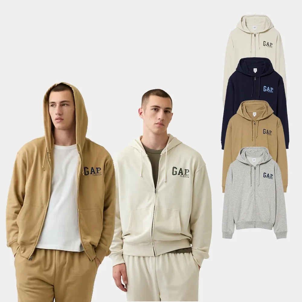 【GAP】寬鬆Gap Logo法式毛圈布拉鍊連帽外套-多色任選(907375)