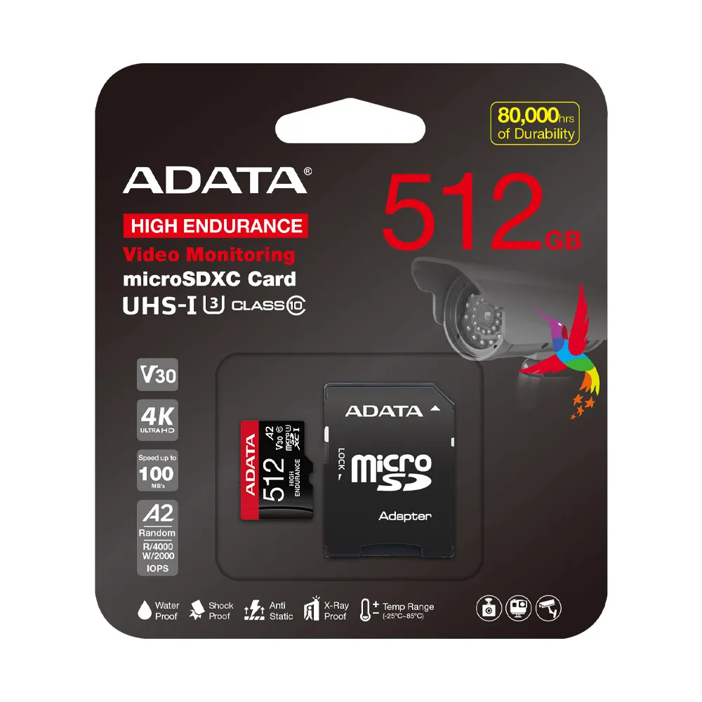 【ADATA 威剛】高耐用 microSDXC UHS-I U3 A2 V30 512G監控記憶卡(附轉卡)