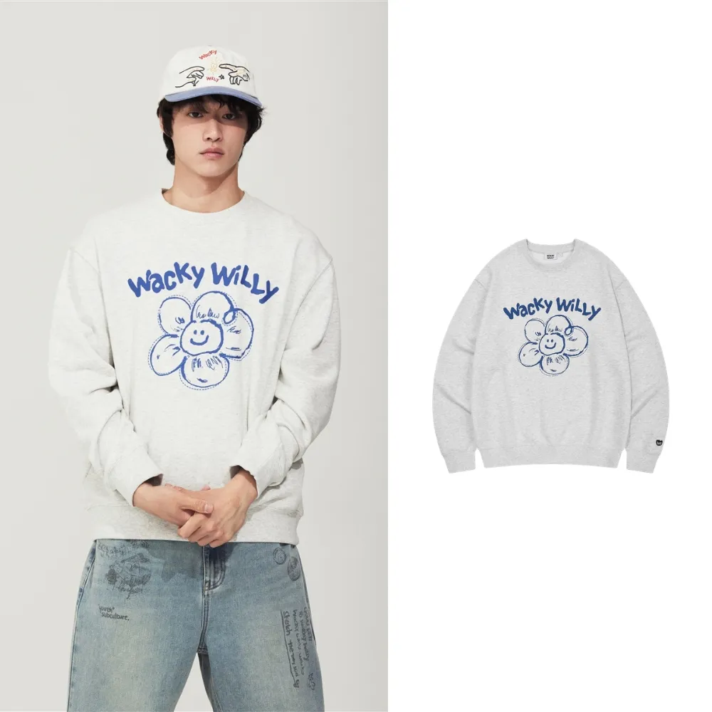 【Wacky WiLLY】官方旗艦館 大圖案LILY大學T(UNI圓領上衣 淺灰色)