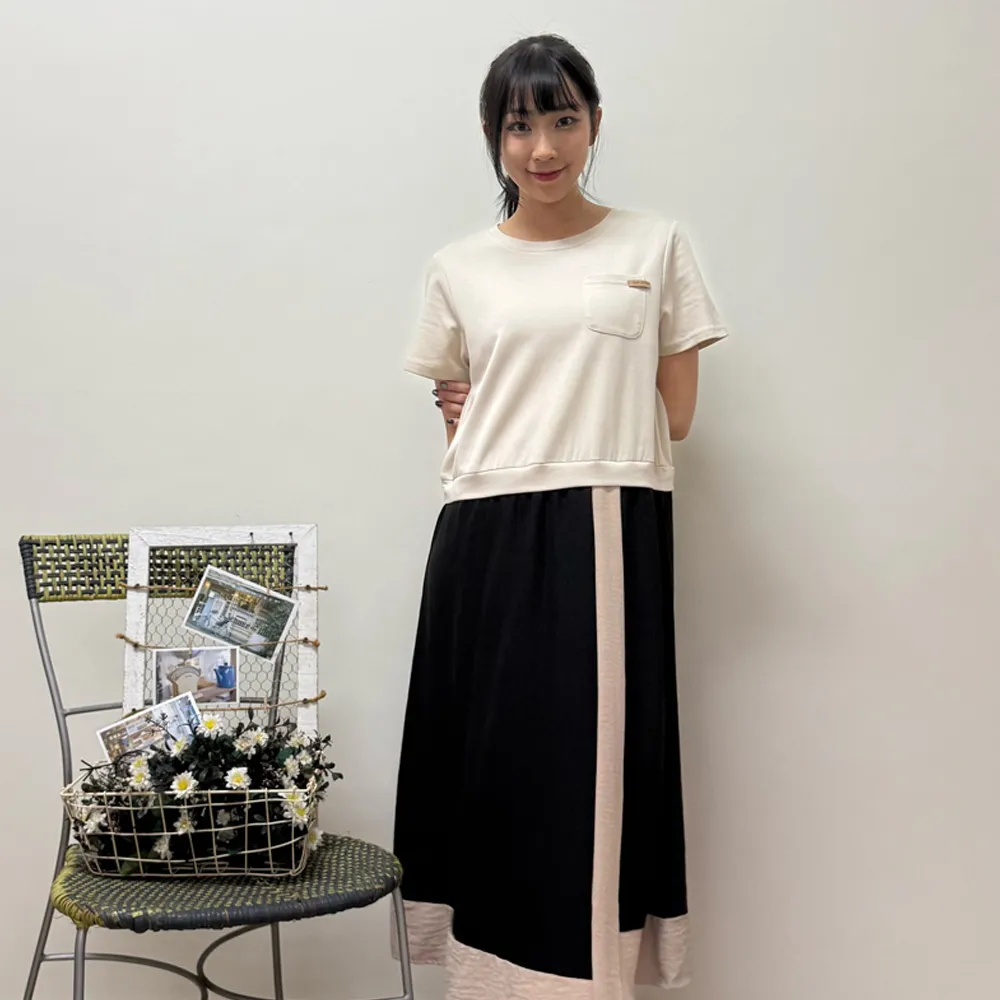 【Hana Mokuba】花木馬日系女裝圓領休閒拼接・層次剪裁洋裝