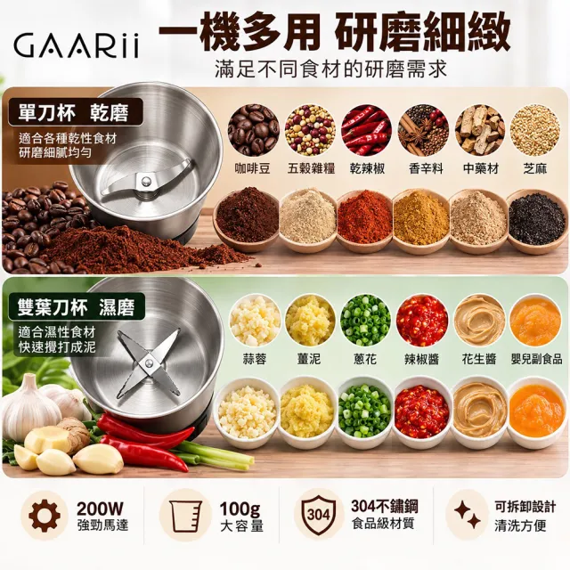 【GAARii】電動磨粉機 磨豆機 咖啡豆研磨機 多功能調理機 304不鏽鋼雙杯 香料五穀雜糧粉碎機 GR-0201