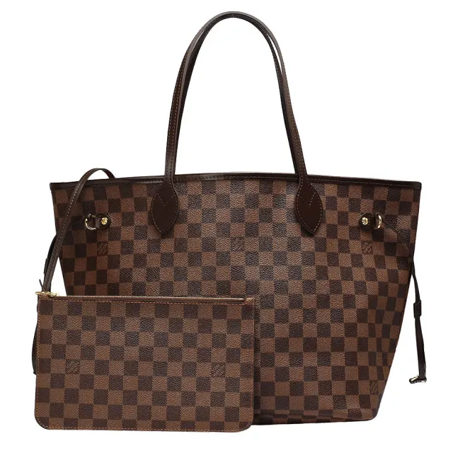 【Louis Vuitton 路易威登】N41358 經典棋盤格NEVERFULL MM大型子母肩背購物包(玫瑰紅)