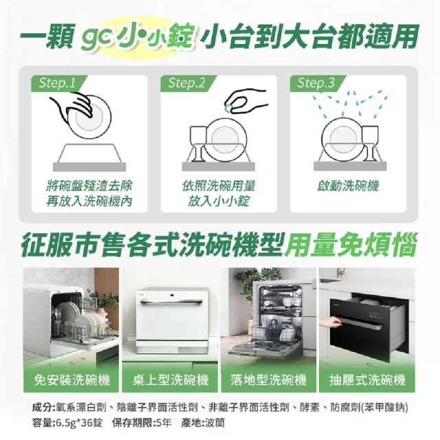 【gc clean 吉利潔】桌上型洗碗機專用小小錠36錠x5(洗碗錠/奶瓶清潔/無色素/無香精/防潮鋁膜包裝)
