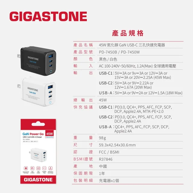 【Gigastone 立達國際】45W GaN氮化鎵三孔USB-C快充充電器PD-7450(支援iPhone18/MacBook筆電快充充電頭)