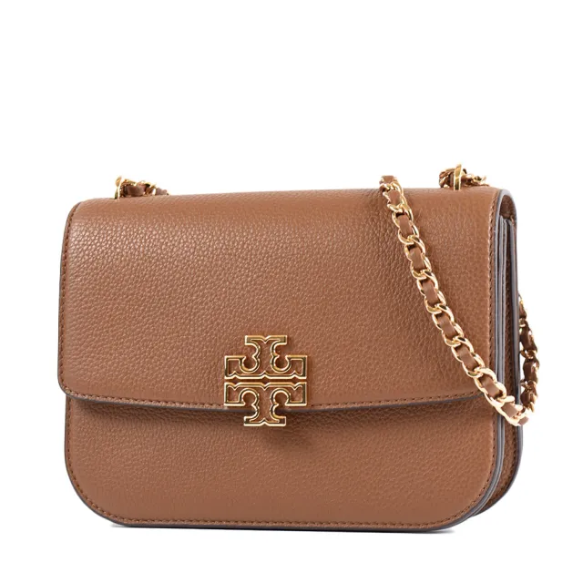 【TORY BURCH】BRITTEN 荔枝紋翻蓋編織鍊帶肩背/斜背二用包-焦糖色